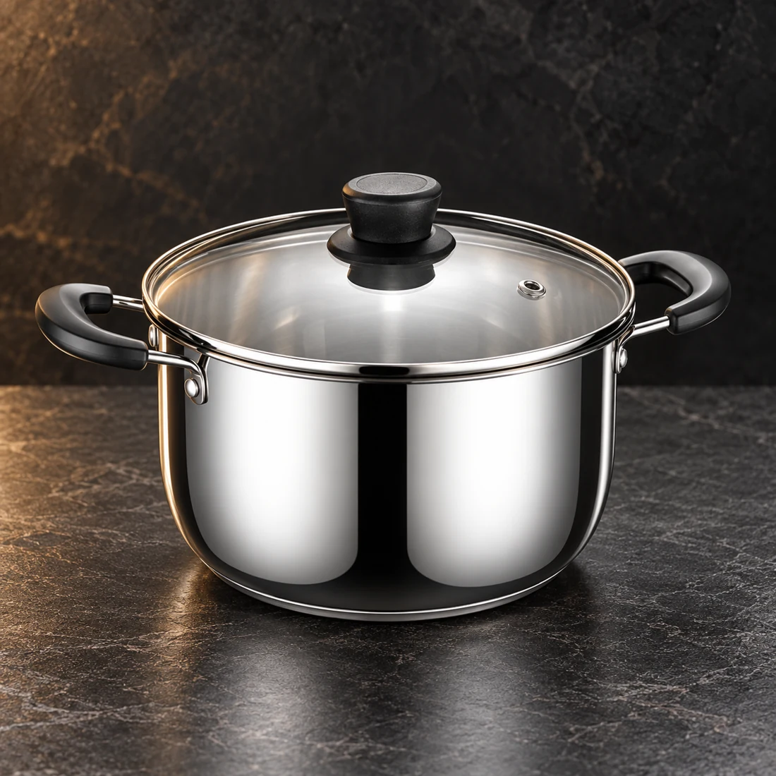 Steel-finish casserole with black side handles and a glass lid