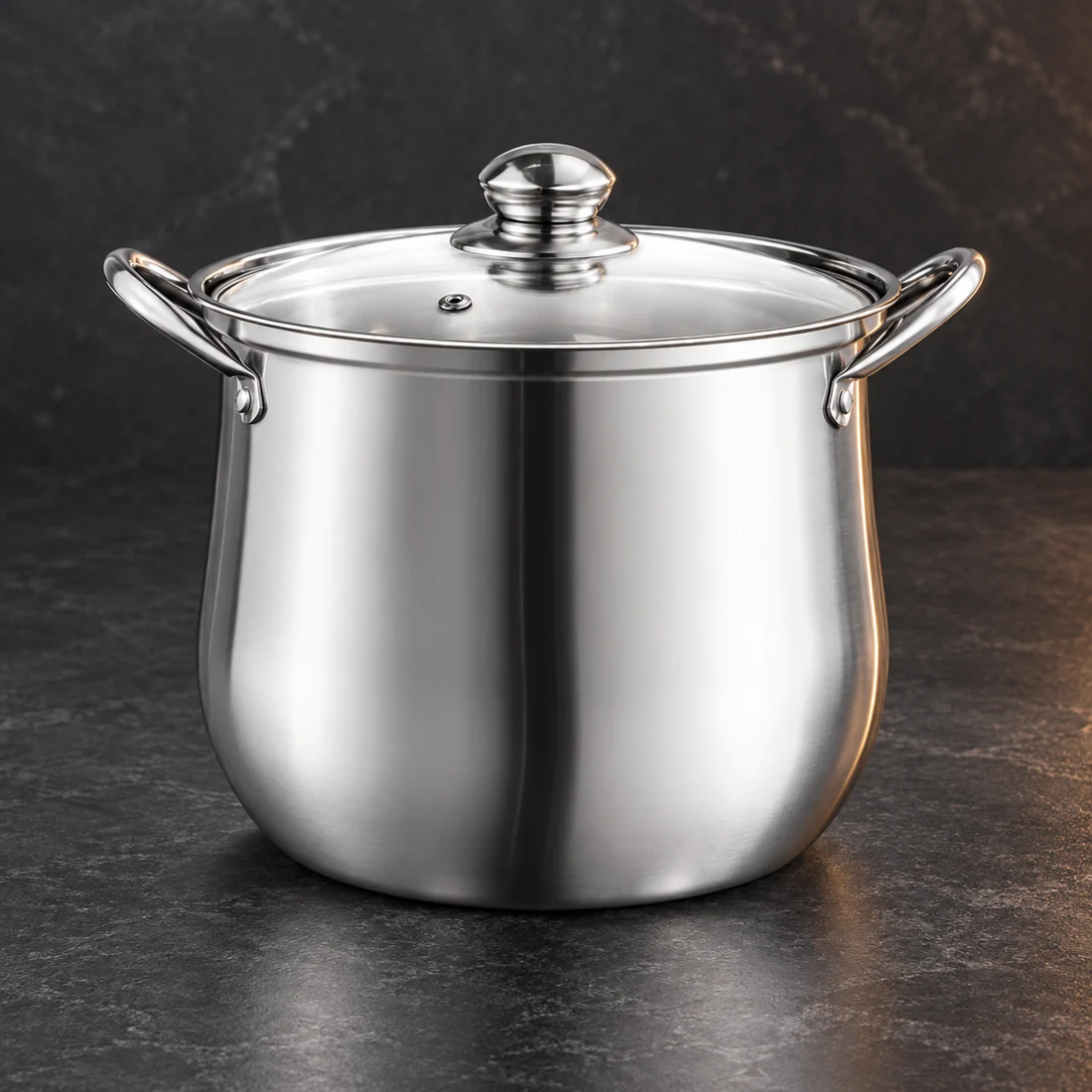 Deep polished steel-finish stock pot with matching lid and twin handles
