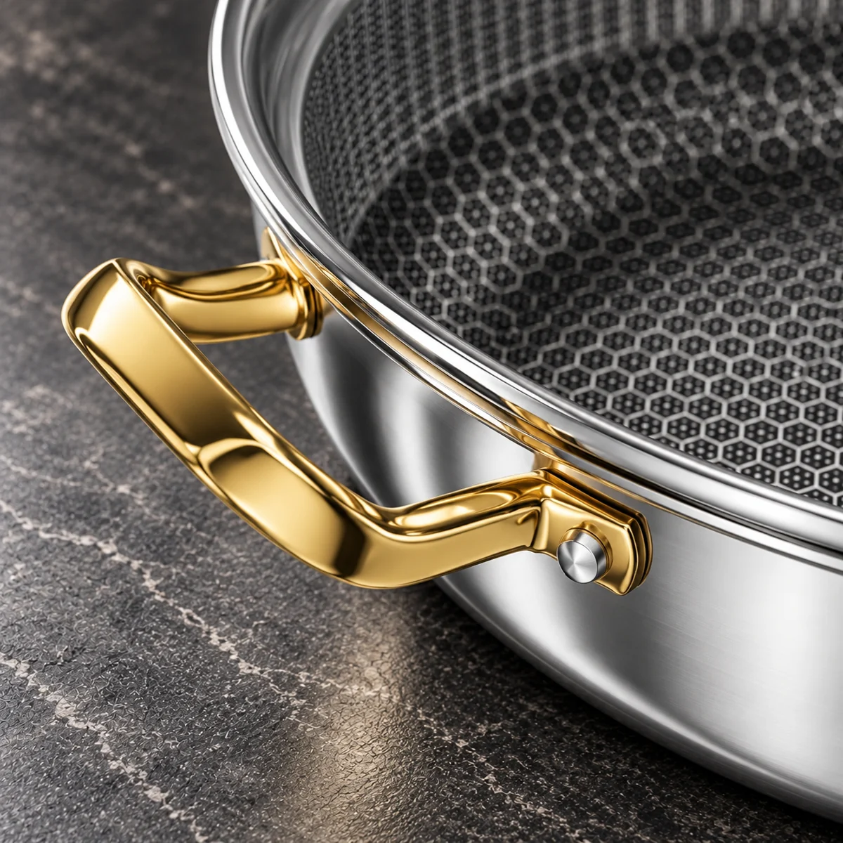 Close-up of the gold-tone loop handle on a covered pan