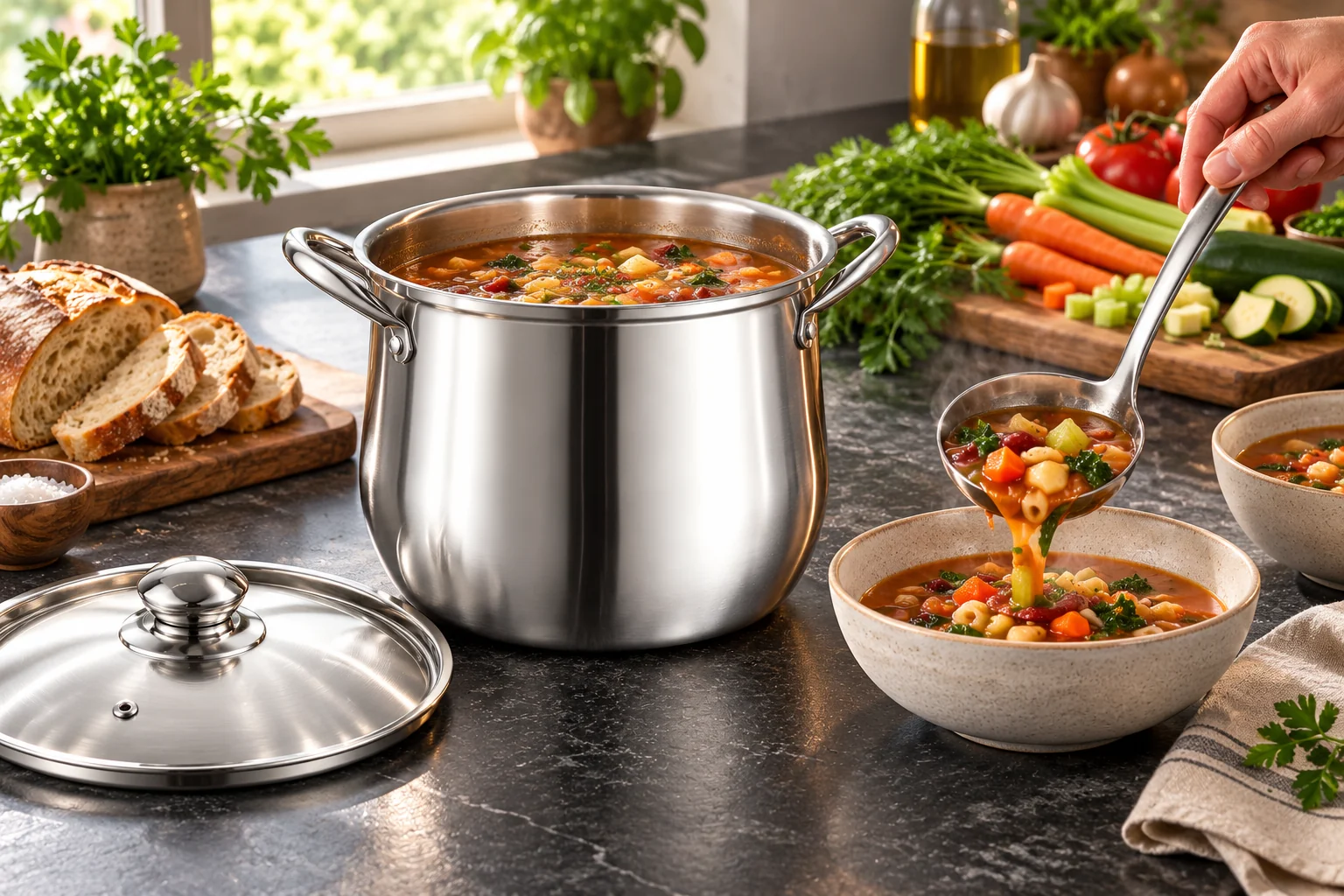 Minestrone served from a deep silver pot