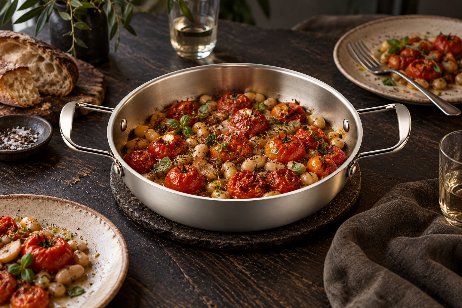 Silver-tone shallow serving pan with two loop handles styled with food